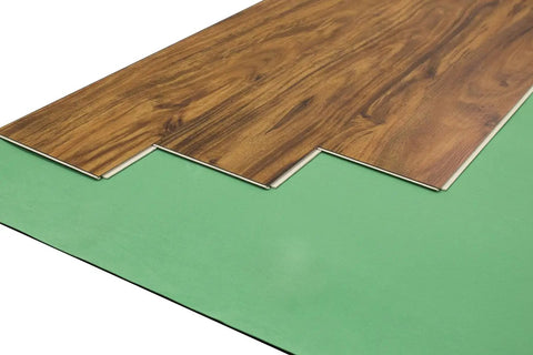Close-up of Heavy Duty Silent Vapor Barrier Underlayment For Vinyl Flooring 1.2mm Thick with vinyl planks on top.