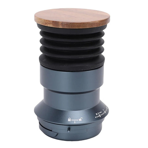 Solid Manual Single Dose Coffee Grinder Featuring Smooth Burr Mechanism And Silicone Bellow Blower For Hassle Free Cleanup Walnut Wood Lid Aluminum Frame.