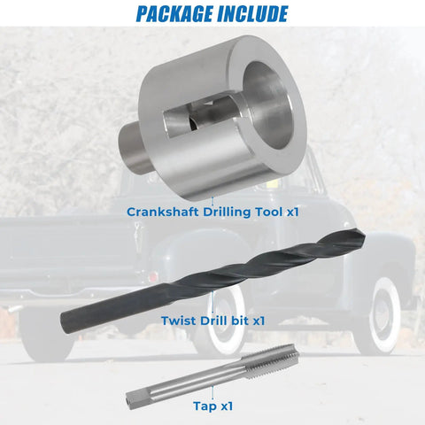 Package contents of Crankshaft Drilling Pin Fixture Tool With Tap And Drill Bit For Chevy GMC Engines, precise balancer bolt alignment
