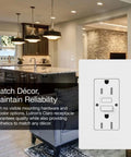 Tamper Resistant GFCI Duplex Receptacle With Test And Reset Button, 15 Amp White Outlet Built For Easy Home Use, shown in kitchen setting