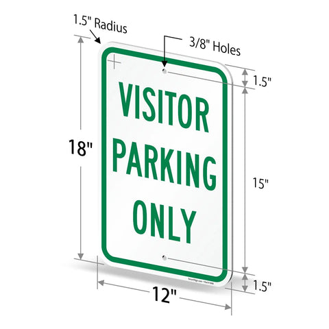 Built Tough Visitor Parking Only Sign Pack Of Four 18x12 Inch Heavy Duty Aluminum Composite Panel shown with measurements and hole details.