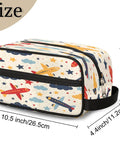 Cartoon Aircraft Clouds Toiletry Bag With Hanging Hook Large Capacity Travel Makeup And Shaving Kit Organizer shown with dimensions.