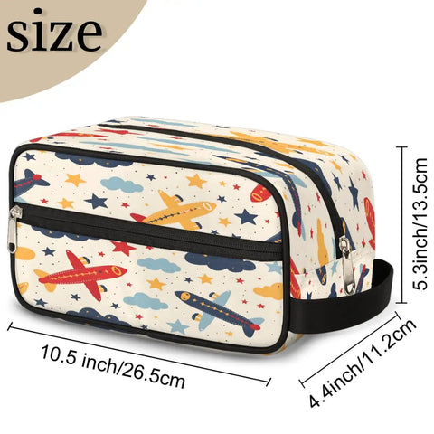 Cartoon Aircraft Clouds Toiletry Bag With Hanging Hook Large Capacity Travel Makeup And Shaving Kit Organizer shown with dimensions.