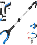 36-inch foldable reacher tool with blue/black handle, anti-slip grip, 360° rotating jaw, magnetic tip.