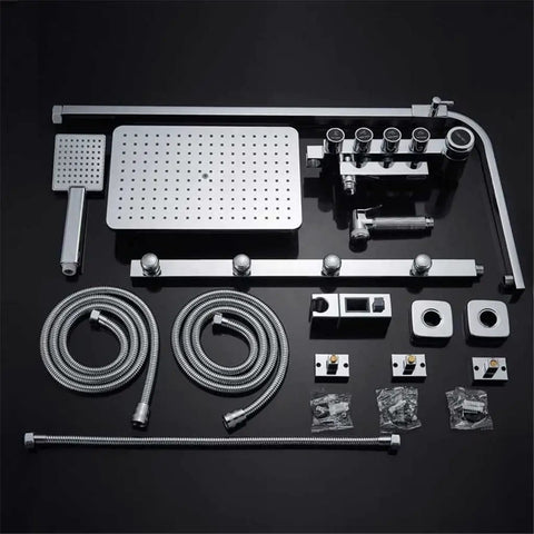 Golden White Shower Faucet In Wall Mixer System Rainfall Brass Body Massage Set Swive Spout(Black) parts array including hoses and connectors.