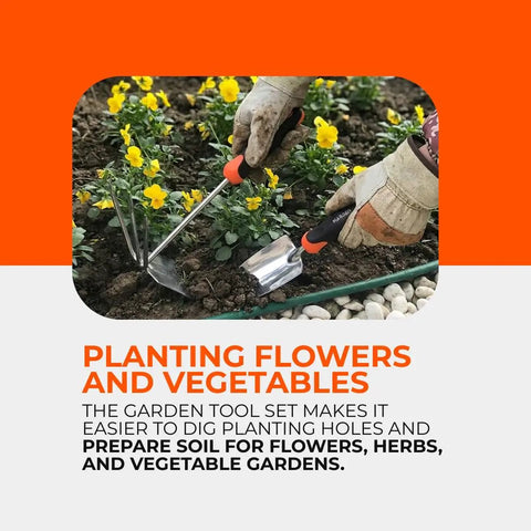 Heavy Duty Stainless Steel Garden Tool Set With Spade And Combination Hoe Fork Ergonomic Non Slip Handles For Digging Planting And Weeding Rust Resistant And Durable The Go To Workhorse For All Season Garden Tasks in use for planting flowers and vegetables.