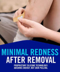 Child removing a Painless-Removal Bandage 40-Pack, Strong 24-Hour Adhesive and Water-Resistant from leg showing minimal redness