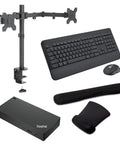 Straight Up Game Changer Thunderbolt 4 Dock Station With 100W Fast Power And Stunning 4K Display Output Paired With Dual Monitor Desk Stand Bundle With Wireless Keyboard And Gel Mouse Combo For Home Office showing components.