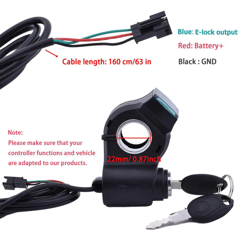 Universal Ebike Ignition Switch With Key And Throttle Display, 12V-96V Voltage Readout, 3-Wire Lock, 63-Inch Cable, Fits 22mm Handlebars, Electric Scooter Key Switch, 2-In-1 Bike Key Ignition