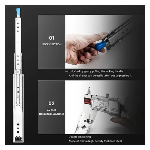 53mm Heavy Duty Drawer Slides With Lock Built To Last Full Extension Ball Bearing Glides 600mm Length Cold Rolled Steel Construction Smooth Quiet Operation Sturdy Sliding Rails For Cabinets Tool Chests And DIY Drawers lock function and 2.0 mm steel