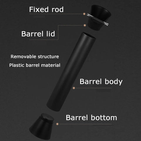 Heavy Hitter Floor Standing Coffee Knock Box With Self Draining Rubber Base Holds 6.8 Liters components showing barrel parts and structure.