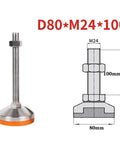 Rock Solid 304 Stainless Steel Leveling Feet With Thickened 80 Millimeter Base And Super Grip Rubber Pads For Heavy Duty Workshop Machinery And Furniture Adjustments Four Pack, detailed view with dimensions.