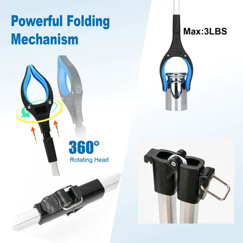 Ultra Long 43 Inch Grabber Reacher Tool With Foldable Design, No Sweat Magnetic Grip, 360 Degree Rotating Anti Slip Jaw, Great For Seniors, Indoor And Outdoor Use, Blue