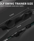 Grip Trainer for Correct Hand Position and Consistent Swing, shows dimensions of 6.1 x 4.1 inches, black color, for right-handed players.