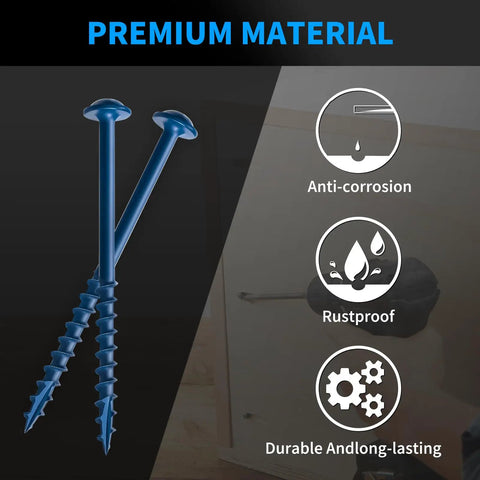 2-1/2 Inch Pocket Hole Screws Size 8 Blue Coated Outdoor Grade 325 Pieces Salt Spray Tested Over 1000 Hours Square Drive Includes 150mm Drive Bit Built For Rugged Outdoor Projects displayed with anti-corrosion, rustproof, and durable labels