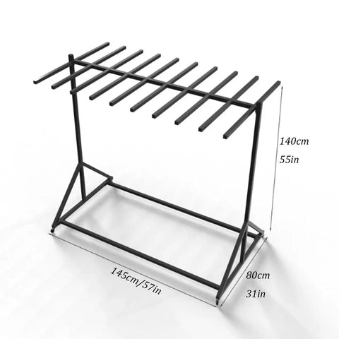 Heavy duty rolling life vest organizer rack measuring 140cm tall, 145cm wide, and 80cm deep for water sports gear organization.