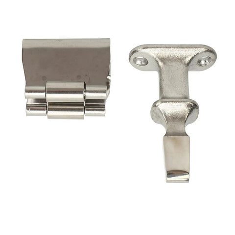 Premium Marine Grade Stainless Steel Boat Door Holder And Stopper Catch With Secure Grip, Rust Resistance, Polished Finish For Yachts Rvs Cabinets Hatches To Keep Doors Shut While Cruising, showing hinge and catch.