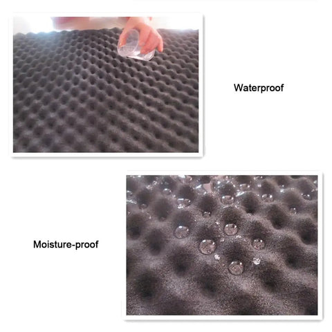Top Shelf Peel And Stick Acoustic Foam Roll Green Egg Crate showing waterproof and moisture-proof features for sound dampening.