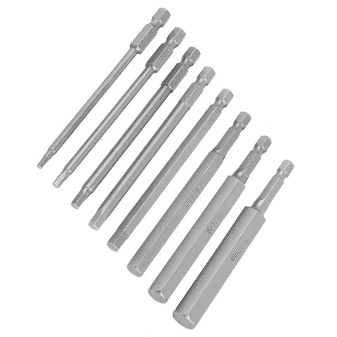 Ultimate 8 Pc Hex Screwdriver Bits Set With Rock Hard S2 Alloy Steel Magnetic Tips And 100mm Length For Electric Drill And Hand Tools, 8 bits arranged on white