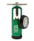 Oxygen regulator, side view, CGA-870 gauge, green metal body.