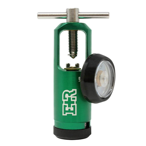 Oxygen regulator, side view, CGA-870 gauge, green metal body.