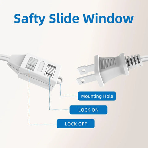 Close-up of Indoor Extension Cord 12 Foot With 3 Polarized Outlets And Safety Slide Windows 13A 1625W 16 AWG 2 Prong Plug