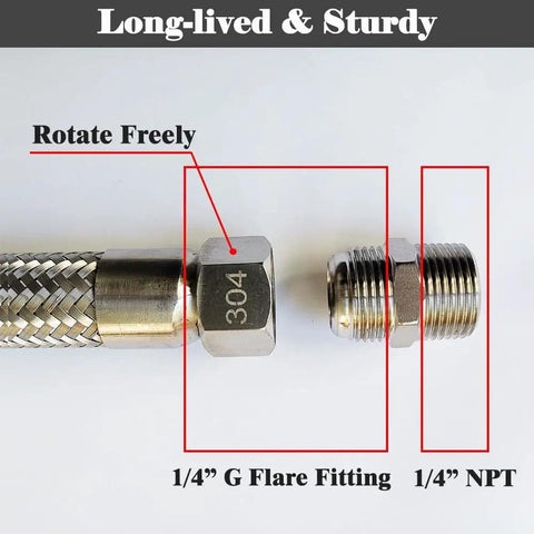 Heavy Duty Air Compressor Jumper Hose 20 Inch Long With Quarter Inch NPT Male Connector showing stainless steel braid and 1/4" fittings.