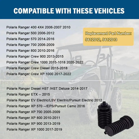 Steering Rack Boots Replacement Kit 5412012 5412013 For Polaris Ranger And RZR UTVs Including 500 570 700 800 900 1000 XP4 1000 From 2012 Through 2022 Beefed Up Fit with compatibility chart