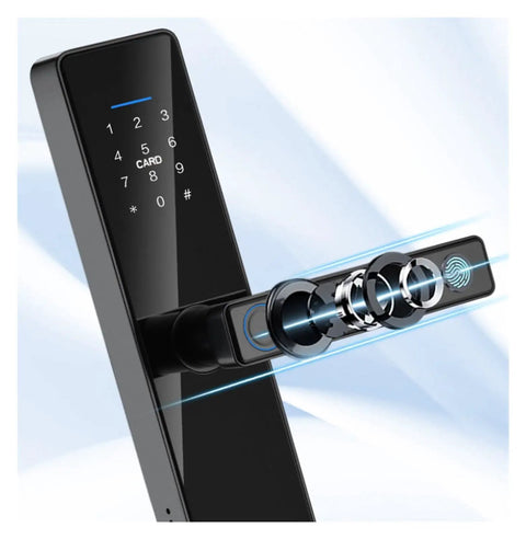 Slick Smart Fingerprint Door Lock With Comfort Grip Handle Keyless Entry Electronic Deadbolt keypad and fingerprint scanner detail.