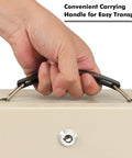 Beefy Fireproof Safe Box With Key Lock For Valuables And Documents, Tough As Nails Fire Resistant Lockbox, beige, showing handle