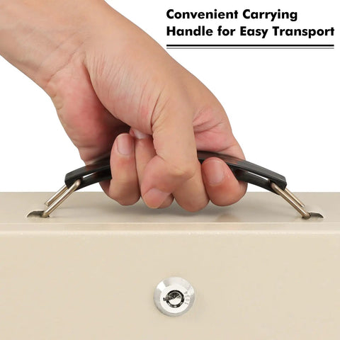 Beefy Fireproof Safe Box With Key Lock For Valuables And Documents, Tough As Nails Fire Resistant Lockbox, beige, showing handle