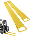 Heavy Duty Forklift Extension, 84 Inch Pallet Fork Extenders With 5.5 Inch Width, showing yellow steel extensions beside a forklift.
