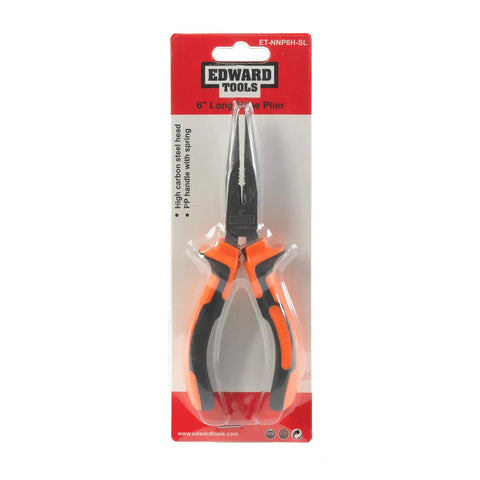 Packaging of Pro Grip 6 Inch Needle Nose Pliers With Long Reach Spring Loaded Handles Hard Carbon Steel Jaws Ergonomic Soft Grip And Safety Ridge