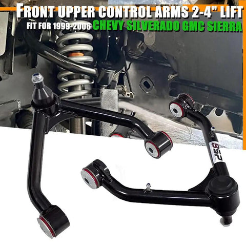 Upper Control Arms Kit For Beefed-Up 2-4 Inch Lift With Tubular Ball Joints And Alpha Chromoly Joints, Maintenance Free Thermofuse Bushings, Hardware Included, Fits 1999-2006 Silverado 1500 Sierra 4WD 4X4 6-Lug, Pair installed on lifted front suspension