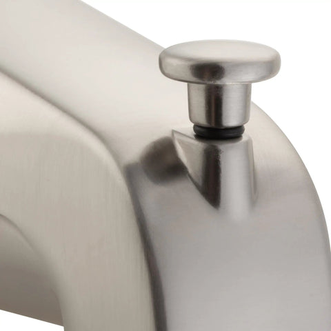 Close-up of Bathtub Spout Valve With Diverter For Brushed Nickel Finish Half Inch Slip Fit Connection showing top diverter