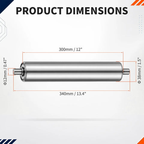 Dimensions of Heavy Duty Galvanized Steel Conveyor Roller Twelve By One Point Five Inch with 12 inch length and 1.5 inch diameter.