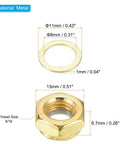 Close-up of gold finish lock nut and spacer with dimensions for Skateboard Lock Nut Set For Longboards And Cruisers Two Pack Five Sixteenth Inch Hardware With Axle Washers And Spacers Eight Lock Nuts And Sixteen Spacers Gold Finish DIY Ready Repair Kit.