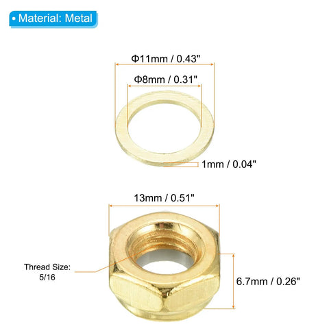 Close-up of gold finish lock nut and spacer with dimensions for Skateboard Lock Nut Set For Longboards And Cruisers Two Pack Five Sixteenth Inch Hardware With Axle Washers And Spacers Eight Lock Nuts And Sixteen Spacers Gold Finish DIY Ready Repair Kit.