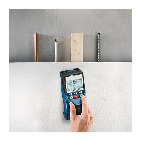 Tough As Nails Stud Finder Wall Scanner With Dead On Digital Display detecting wood and metal pipes on drywall.