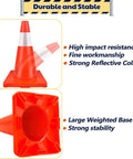 18 Inch Traffic Safety Cones 12 Pack Orange PVC With Reflective Collars, highlighting base and impact resistance features