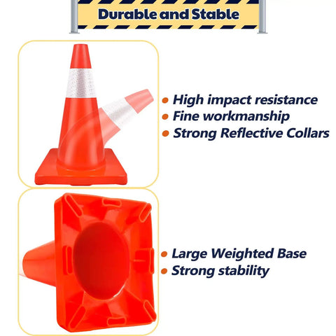 18 Inch Traffic Safety Cones 12 Pack Orange PVC With Reflective Collars, highlighting base and impact resistance features