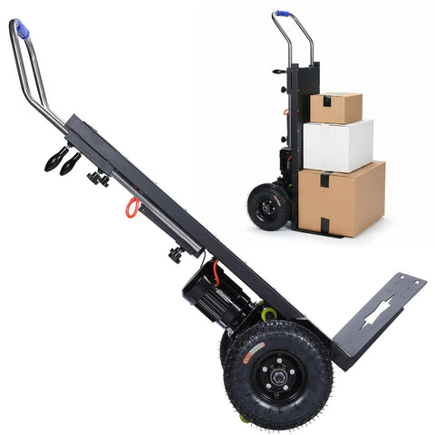 Heavy Duty Electric Stair Climbing Hand Truck Equipped With 1500W Motor That Sheds The Grind When Hauling Up To 880 Pounds For Furniture Moves Or Storefront Inventory Work with boxes.