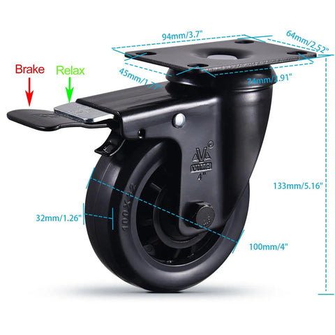 Built Legit 4 Inch Heavy Duty Caster Wheels Set Of Four With Dead Quiet Rubber Tires Rock Solid Dual Locking Brakes 2200 Lb Capacity close-up of a caster wheel showing dimensions and brake lever.