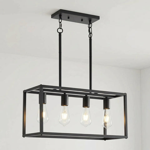 Black Farmhouse 4 Light Dining Room Chandelier With Rectangular Pendant Lights For Kitchen Island Modern Dope Adjustable Height Metal Lighting Fixture E26 Base