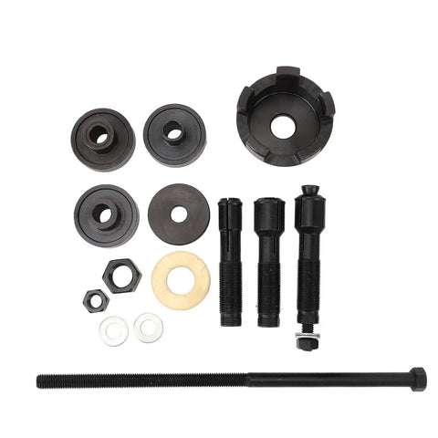 Badass 14 Piece Wheel Bearing Puller Extractor Tool Set For Car And Bike Repair With Steel Parts For Removing Bearings Easy Install On 0.75 Inch 25mm And 1 Inch Sizes Save Cash Doing Your Own Garage Work Without Headaches For Pros Loving Quick Fixes, black steel bearing puller parts laid out
