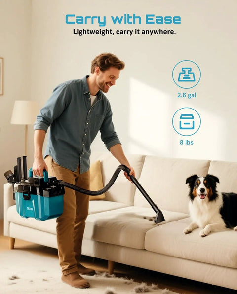 Person using Cordless Wet And Dry Shop Vacuum For Garage And Car Cleanups Boss Grade 2.6 Gallon Mini Vacuum indoors