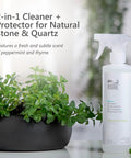 All In One Stone And Quartz Cleaner And Protector Spray For Granite Marble And Quartz Surfaces On Kitchen And Bath Counters And Floors Water Based Neutral PH Formula With Peppermint Thyme Essential Oil 16 Oz bottle next to potted plant