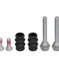 Premium Rear Brake Caliper Slider Pin Kit For T4 Vehicles, two bolts, rubber bushings, and guide pins on white