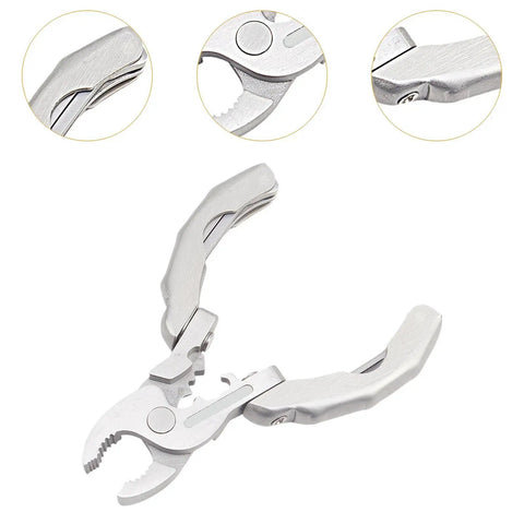 Open view of Folding Multitool Pliers 9 In 1 For Repairing And Survival On The Go showing stainless steel build and compact design.