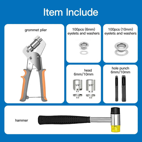 Heavy Duty Grommet Tool Kit With One Quarter Inch And Three Eighths Inch Punch Pliers Two Sizes Magnetic Die Heads 200 Eyelets And Grommets